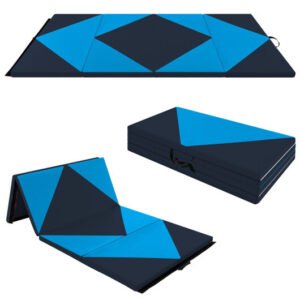 8 Feet PU Leather Folding Gymnastics Mat with Hook and Loop Fasteners-Blue – Color: Blue