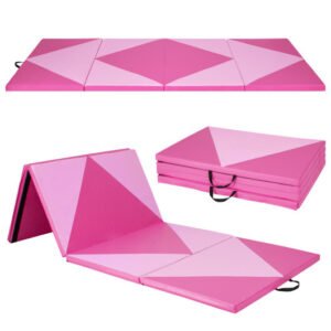 4-Panel PU Leather Folding Exercise Gym Mat with Hook and Loop Fasteners-Pink – Color: Pink