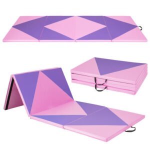 4-Panel PU Leather Folding Exercise Gym Mat with Hook and Loop Fasteners-Pink & Purple – Color: Pink & Purple