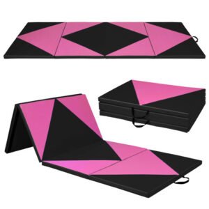 4-Panel PU Leather Folding Exercise Gym Mat with Hook and Loop Fasteners-Black & Pink – Color: Black & Pink