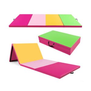 4-Panel PU Leather Folding Exercise Mat with Carrying Handles-Green – Color: Green