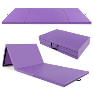 4-Panel PU Leather Folding Exercise Mat with Carrying Handles-Purple – Color: Purple