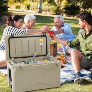 50 QT Rotomolded Cooler Insulated Portable Ice Chest with Integrated Cup Holders-Tan – Color: Tan
