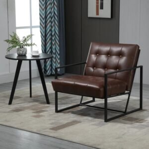 Retro Tufted Faux Leather Metal Frame Accent Chair – Brown