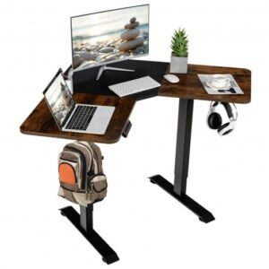 L-shaped Electric Standing Desk with 4 Memory Positions and LCD Display-Rustic Brown – Color: Rustic Brown