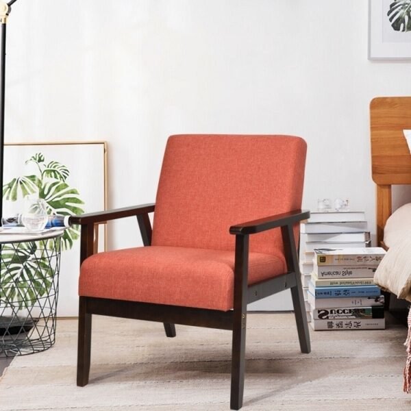 Retro Modern Classic Orange Linen Wide Accent Chair with Espresso Wood Frame - Image 2