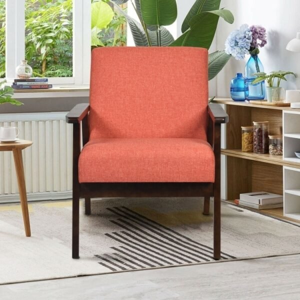 Retro Modern Classic Orange Linen Wide Accent Chair with Espresso Wood Frame - Image 3