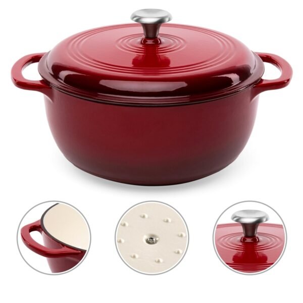 6 Quart Large Red Enamel Cast-Iron Dutch Oven Kitchen Cookware - Image 2