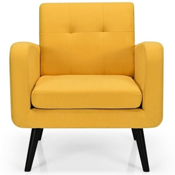 Mid-Century Modern Yellow Linen Upholstered Accent Chair with Wooden Legs - Image 2