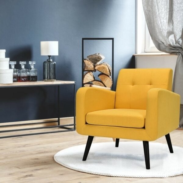 Mid-Century Modern Yellow Linen Upholstered Accent Chair with Wooden Legs - Image 3