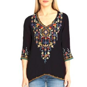 Size: Large,Color: Black - Private Garden Embroidered Tunic Tops In Vivid Colors