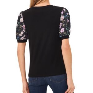 Women’s Floral Mixed Media Short Puff Sleeve Knit Top