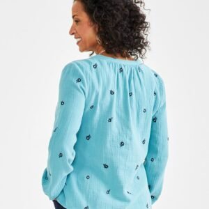 Women’s Cotton Embroidered Split-Neck Gauze Blouse