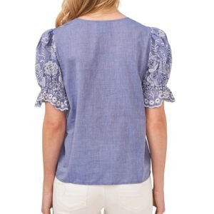 Women’s Cotton Floral Puff Sleeve V-Neck Blouse